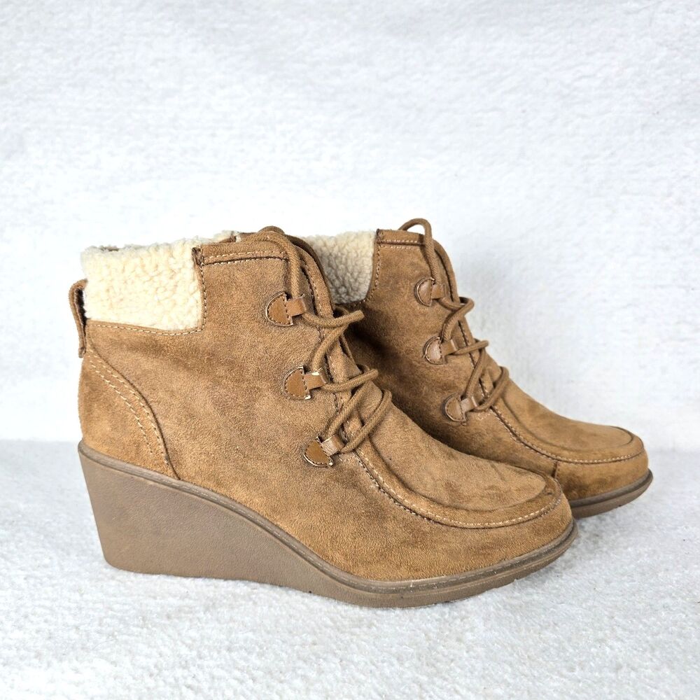 Mad Love Paw Leather Suede Cognac Wedge Boots W/Lining Sz 9